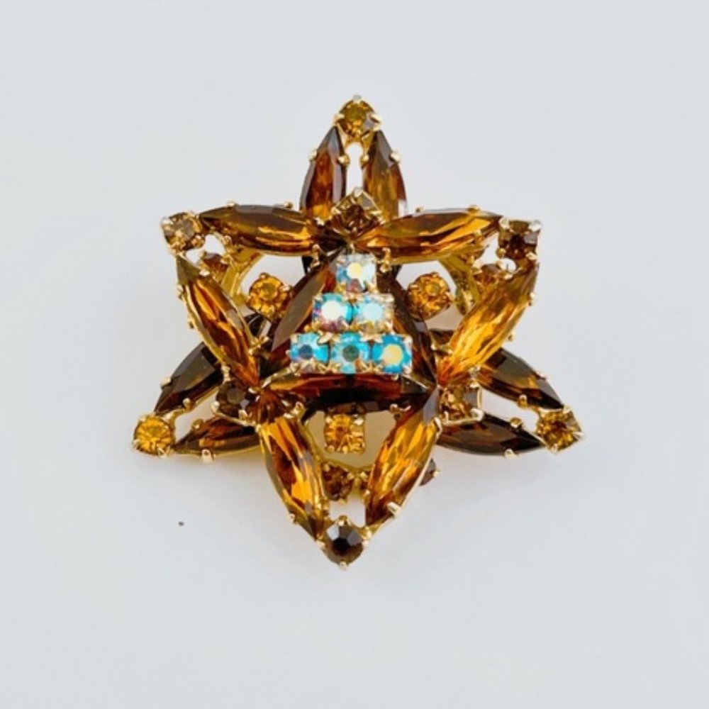 Vintage Amber & Brown Rhinestone Brooch